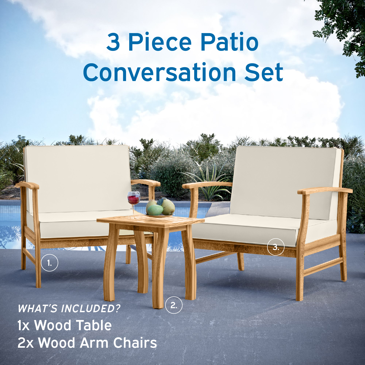 3 Piece Patio Bistro Furniture Wood Conversation Set