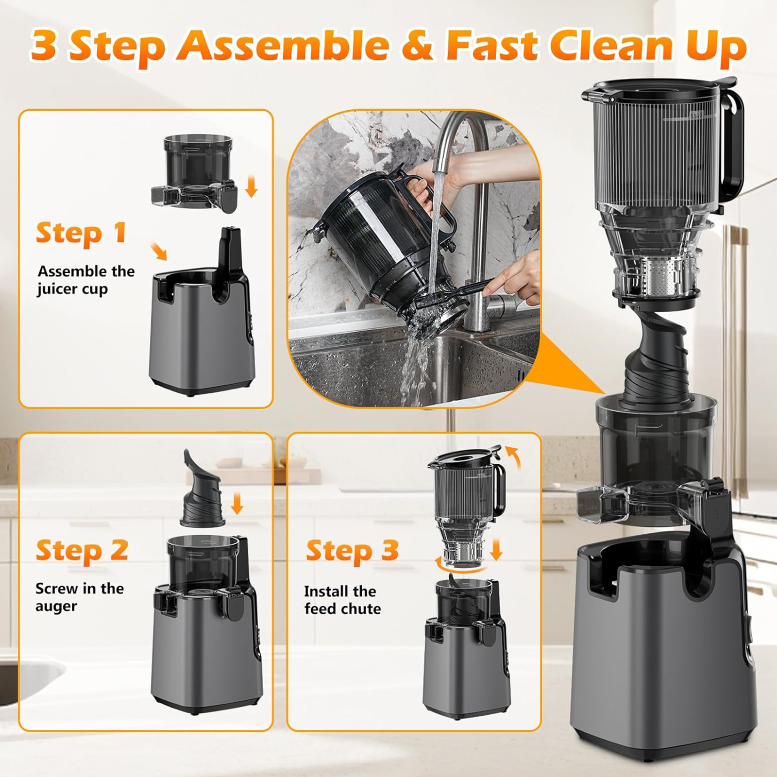 YPONE Juicer Machines with 5.8" Large Feed Chute, Cold Press Juicer For Whole Vegetables and Fruits, 400W Professional Slow Masticating juicer Easy to Clean for Batch Juicing (Titanium Gray)