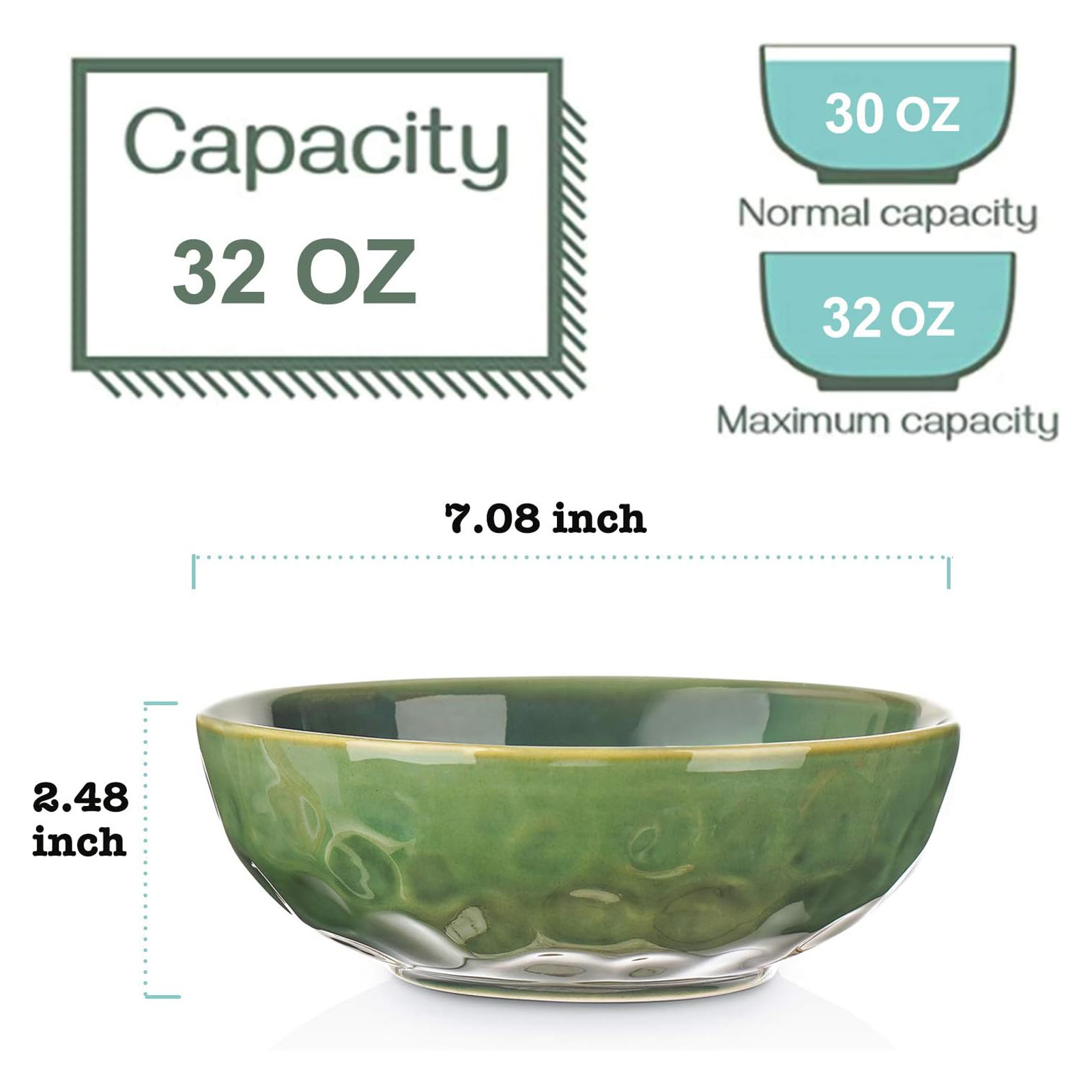 vicrays Ceramic Pasta Bowls Set, 32 Ounce Soup Bowls, Set of 6 (Green)