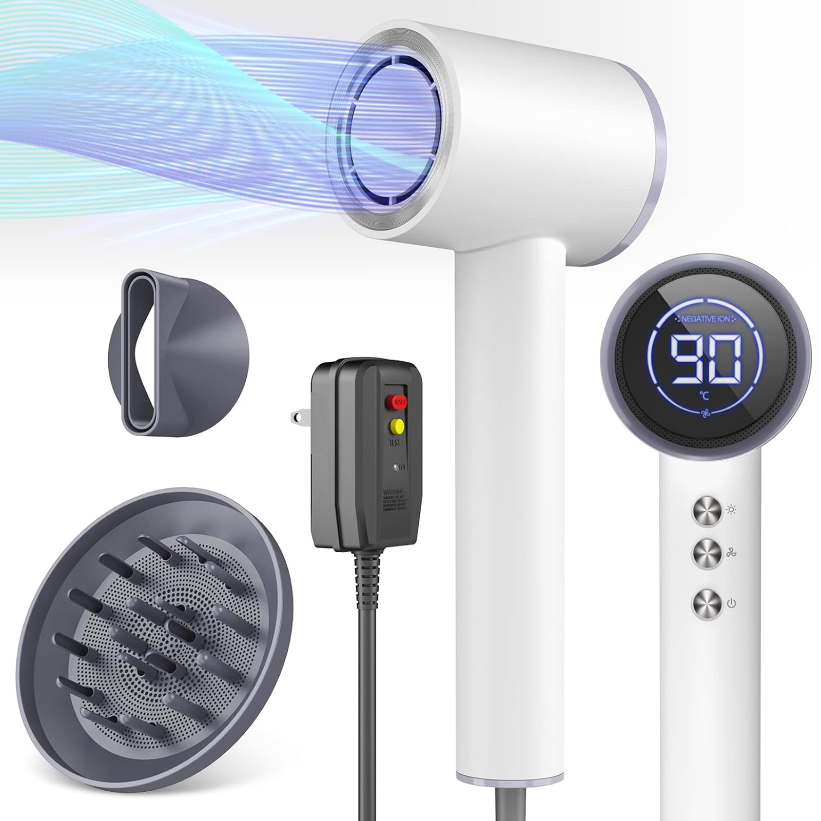 DRSPEE Hair Dryer, HC03 High-speed Blow Dryer for Fast Dry, Ionic Hair Dryer with Diffuser, 1600W, LED Display, Portable Hair Dryer for Travel Home Salon-White