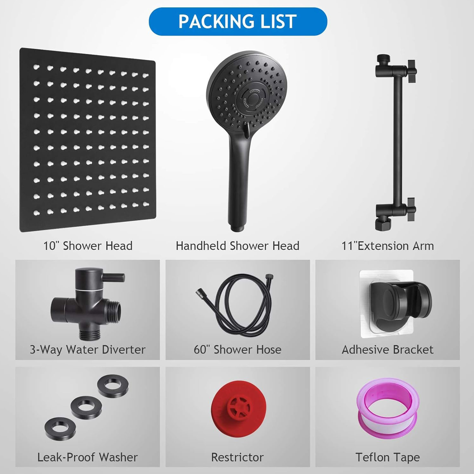 Shower Head Combo,10 Inch High Pressure Rain Shower Head with 11 Inch Adjustable Extension Arm and 5 Settings Handheld Powerful Shower Spray Against Low Pressure Water - Matte Black
