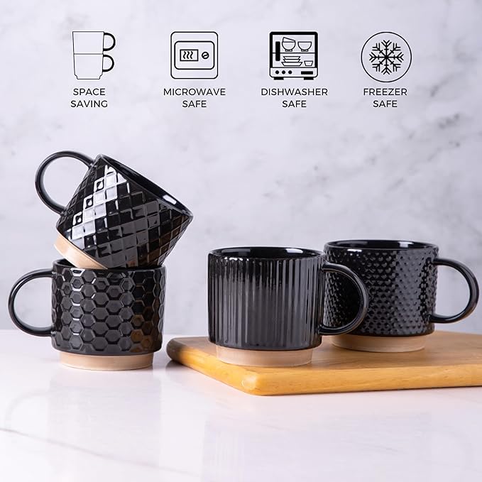 GBHOME 12OZ Stackable Coffee Mugs, Ceramic Coffee Mugs with Texture Patterns, Modern Coffee Mugs Set of 4 Dishwasher&Microwave Safe, Black
