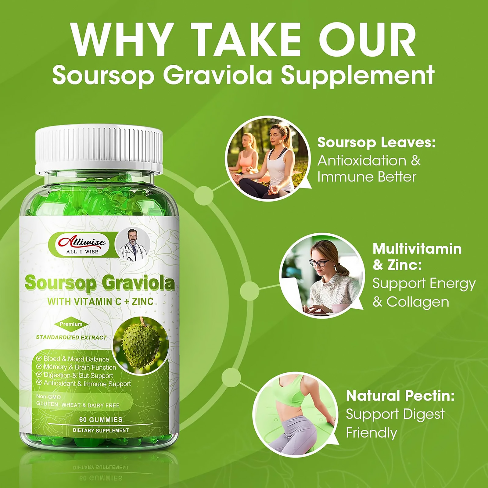 Alliwise Soursop Graviola Gummies | With Vitamin C & Zinc | Vegan & Gluten-Free
