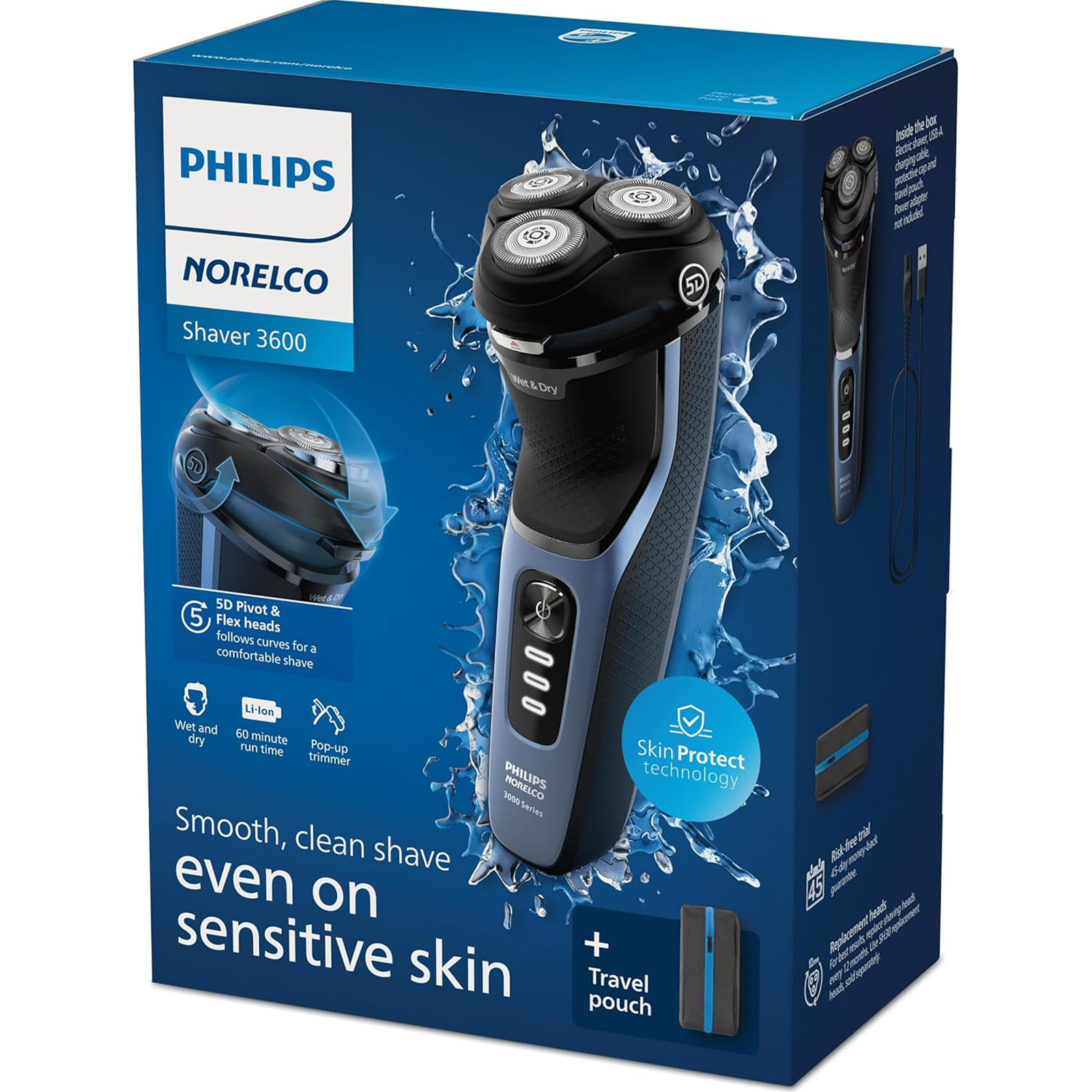 Philips Norelco Shaver 3600 Series, Wet and Dry Electric Shaver, P-Cap, Travel Pouch, Storm Blue, Model S3243/91