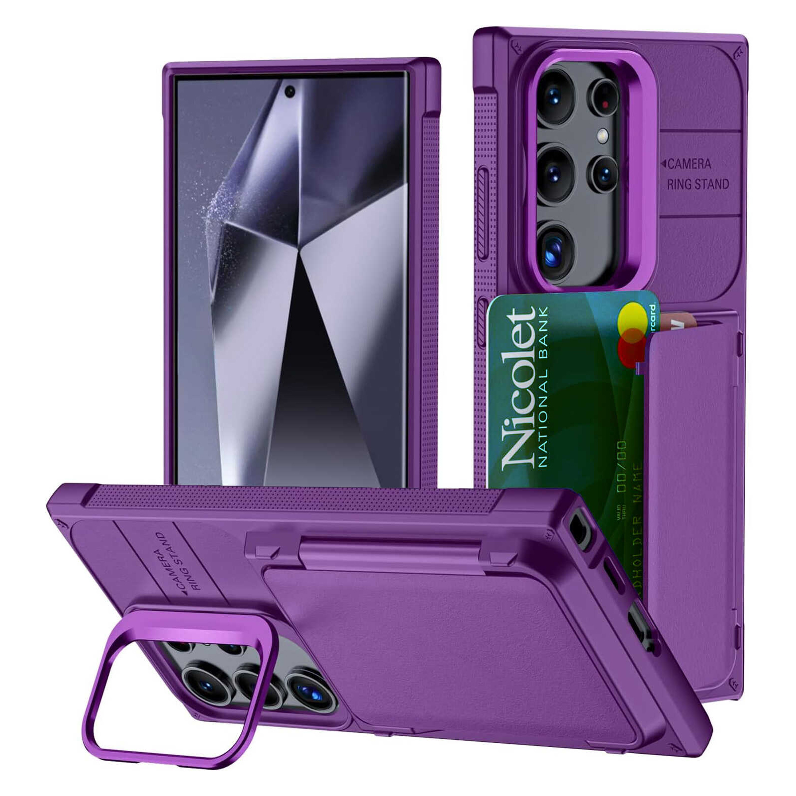 Goosebox Shockproof Samsung Galaxy S24 Ultra Case with Adjustable Ring Stand and Built-in Card Holder - Purple