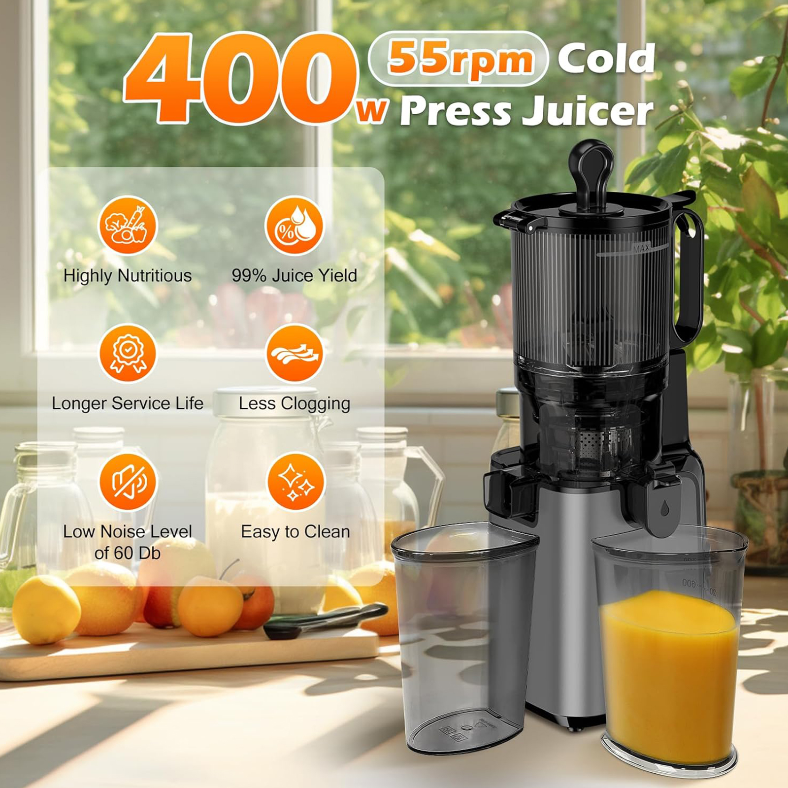YPONE Juicer Machines with 5.8" Large Feed Chute, Cold Press Juicer For Whole Vegetables and Fruits, 400W Professional Slow Masticating juicer Easy to Clean for Batch Juicing (Titanium Gray)