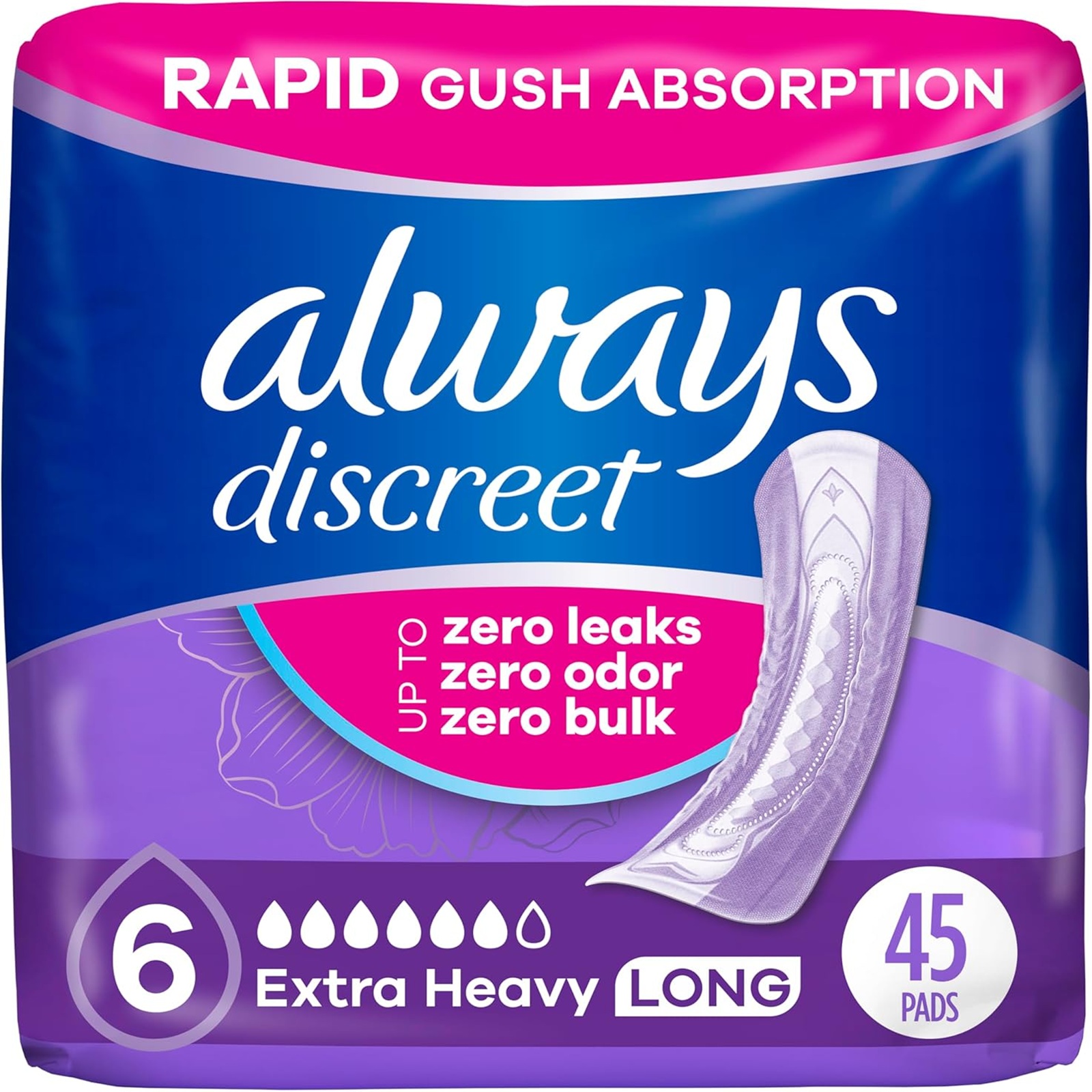 Always Discreet Adult Incontinence Pads for Women, Extra Heavy Absorbency, Long Length, Postpartum Pads, 45 Count (Packaging May Vary)