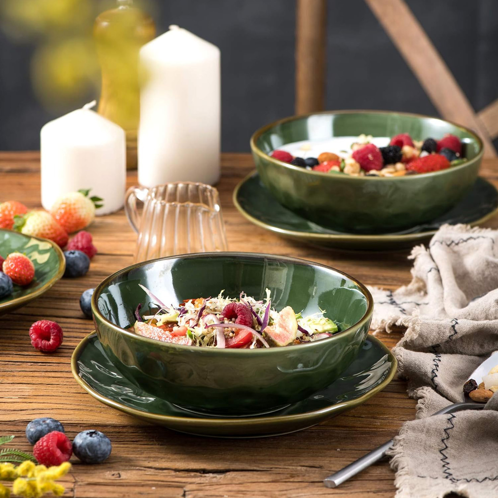 vicrays Ceramic Pasta Bowls Set, 32 Ounce Soup Bowls, Set of 6 (Green)