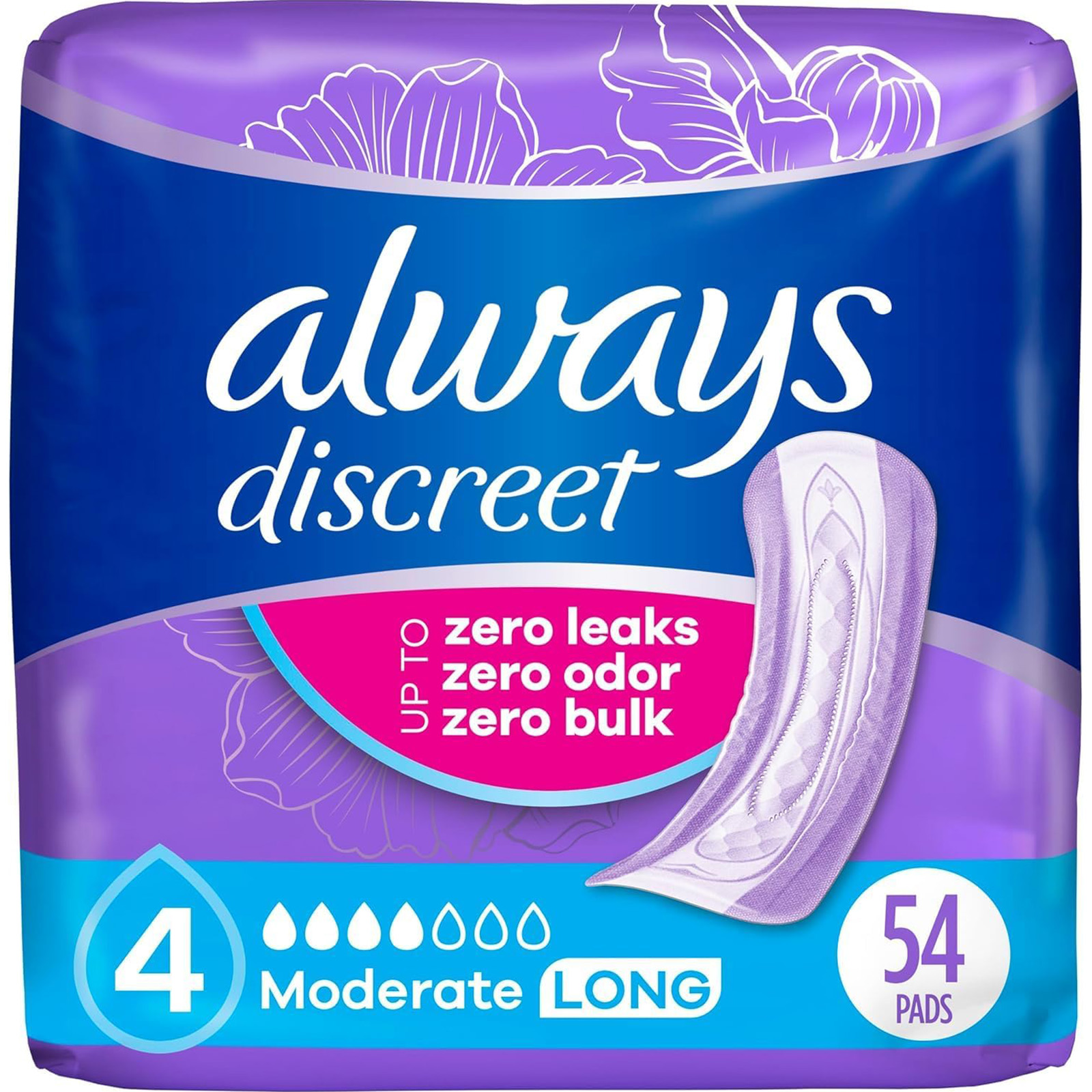 Always Discreet Adult Incontinence Pads for Women, Moderate, Long, 54 Count
