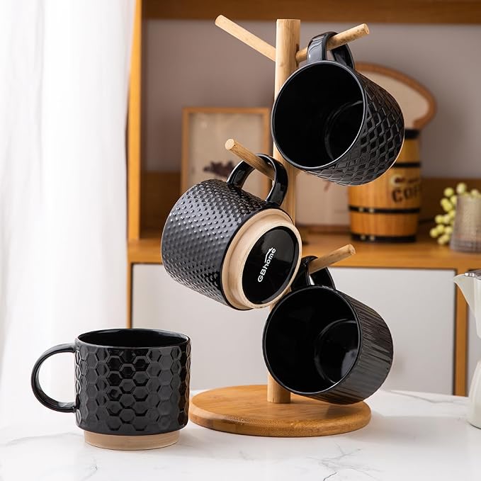 GBHOME 12OZ Stackable Coffee Mugs, Ceramic Coffee Mugs with Texture Patterns, Modern Coffee Mugs Set of 4 Dishwasher&Microwave Safe, Black