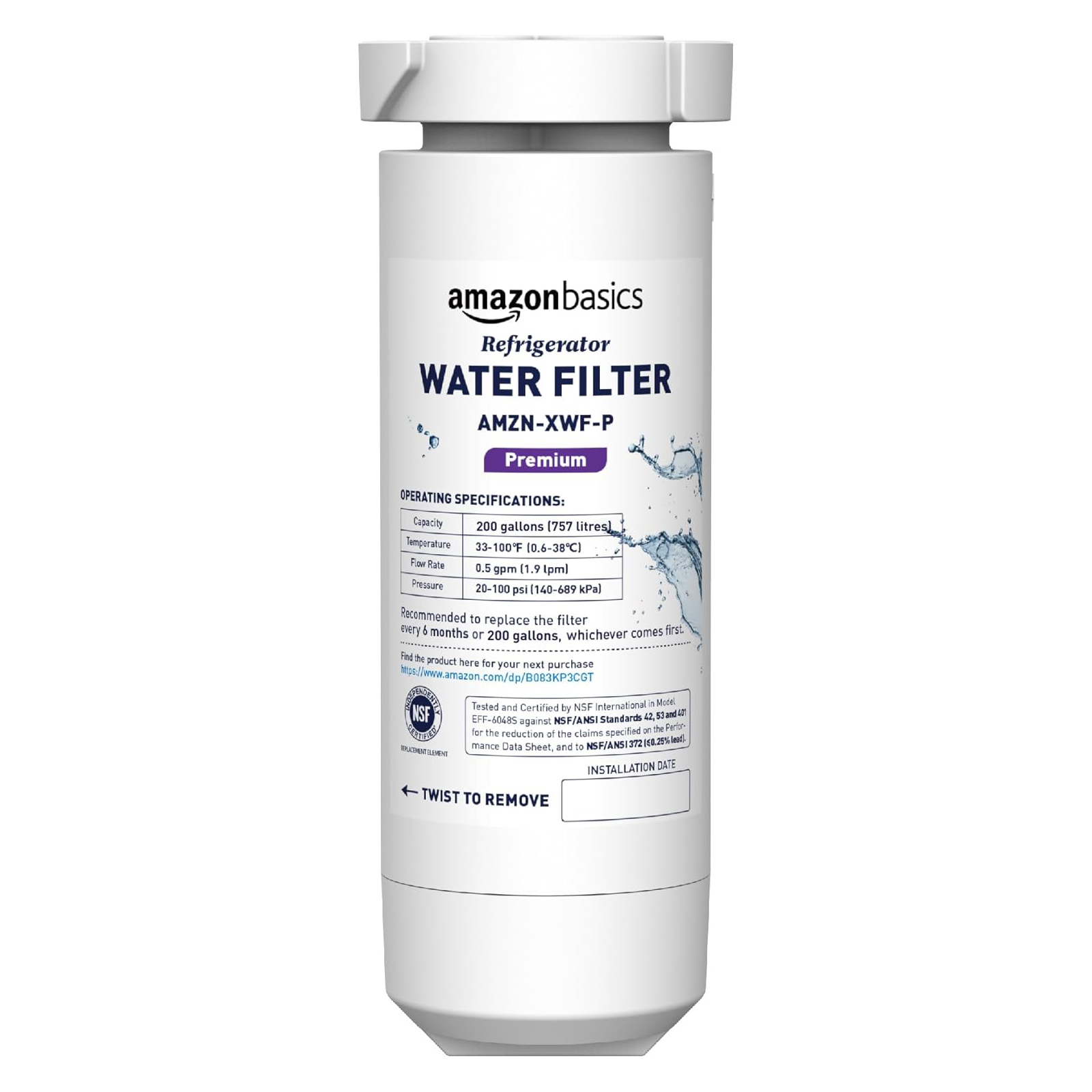 Amazon Basics Replacement GE XWF Refrigerator Water Filter, Premium Filtration