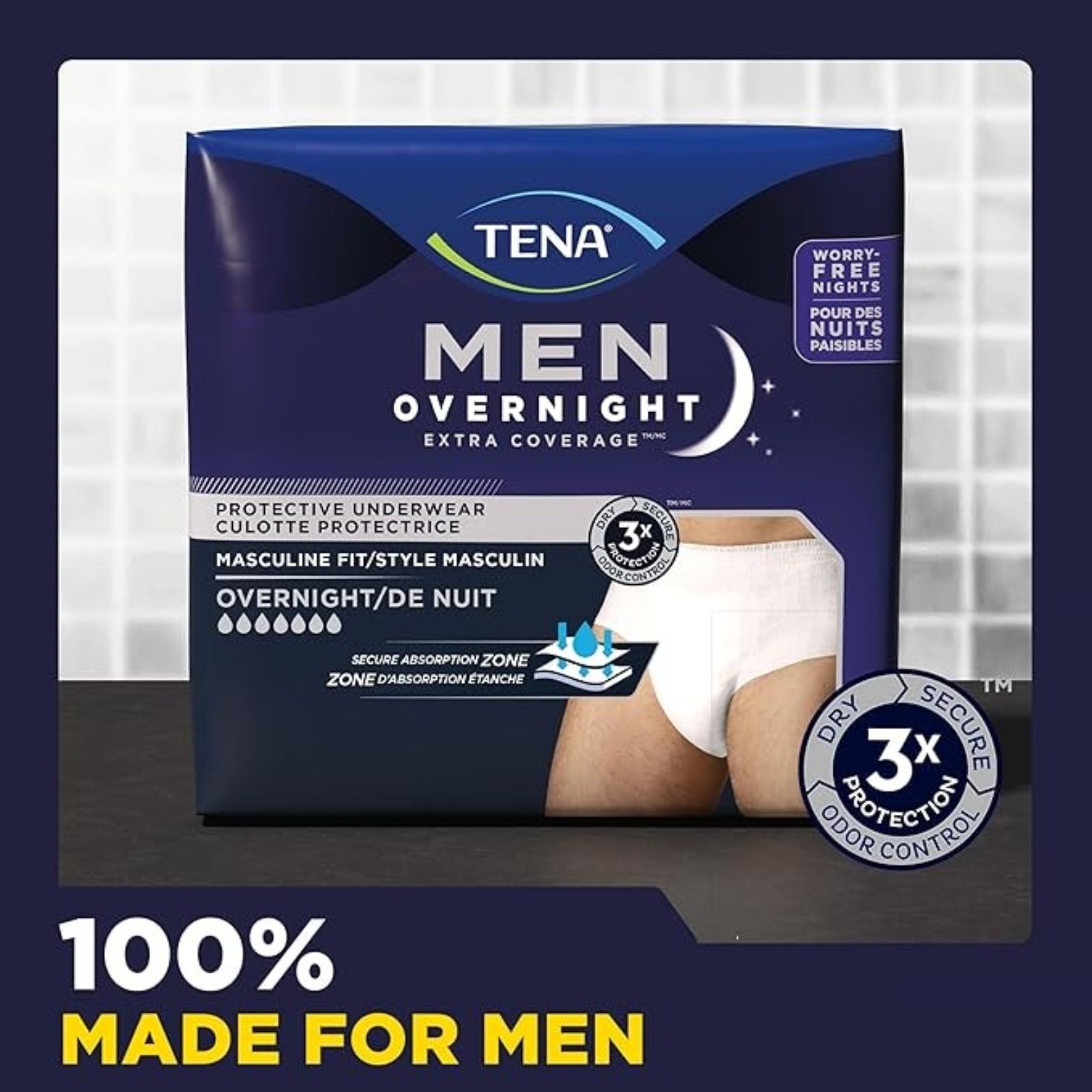 TENA Overnight Extra Coverage Incontinence Underwear for Men, Masculine Style and Discreet Cut Men's Underwear, Large/X-Large, 48 ct