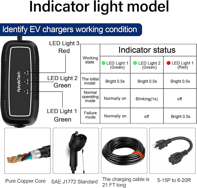 Level 1+2 EV Charger, 16Amp 110-240V, Portable SAE J1772 Electric Car Charger, Plug-in EV Charging Station for Home,21 Ft Level 2 Charger Cable NEMA 6-20Plug(Tesla Need Adapter)