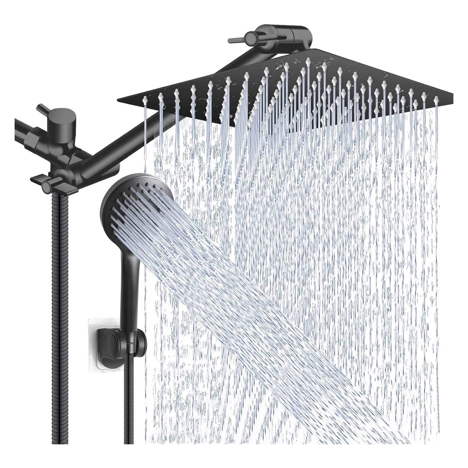 Shower Head Combo,10 Inch High Pressure Rain Shower Head with 11 Inch Adjustable Extension Arm and 5 Settings Handheld Powerful Shower Spray Against Low Pressure Water - Matte Black
