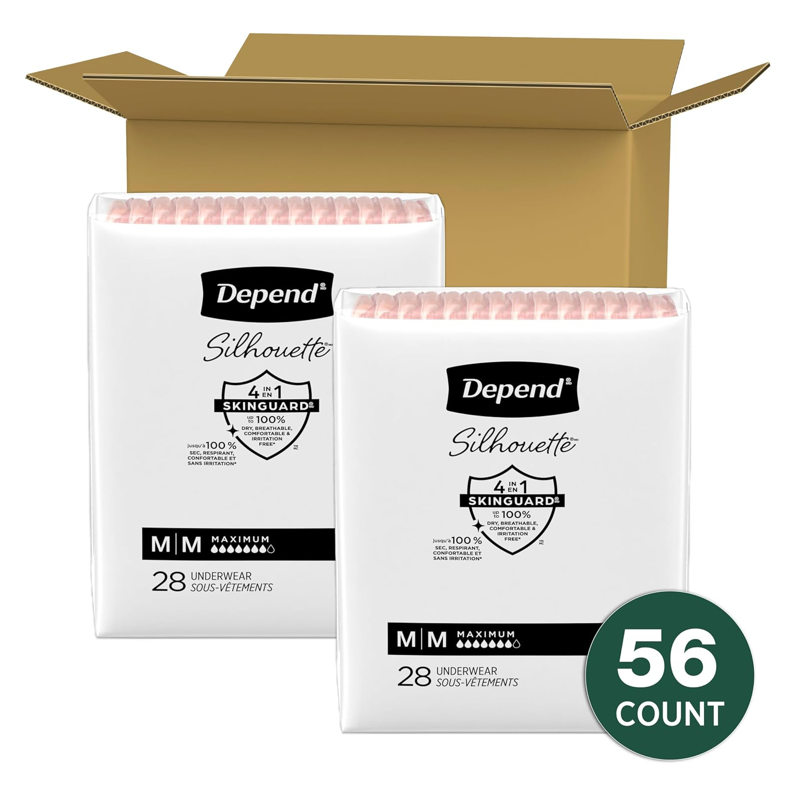 Depend Silhouette Adult Incontinence & Postpartum Bladder Leak Underwear for Women, Maximum Absorbency, Medium, Pink, 56 Count (2 Packs of 28), Packaging May Vary