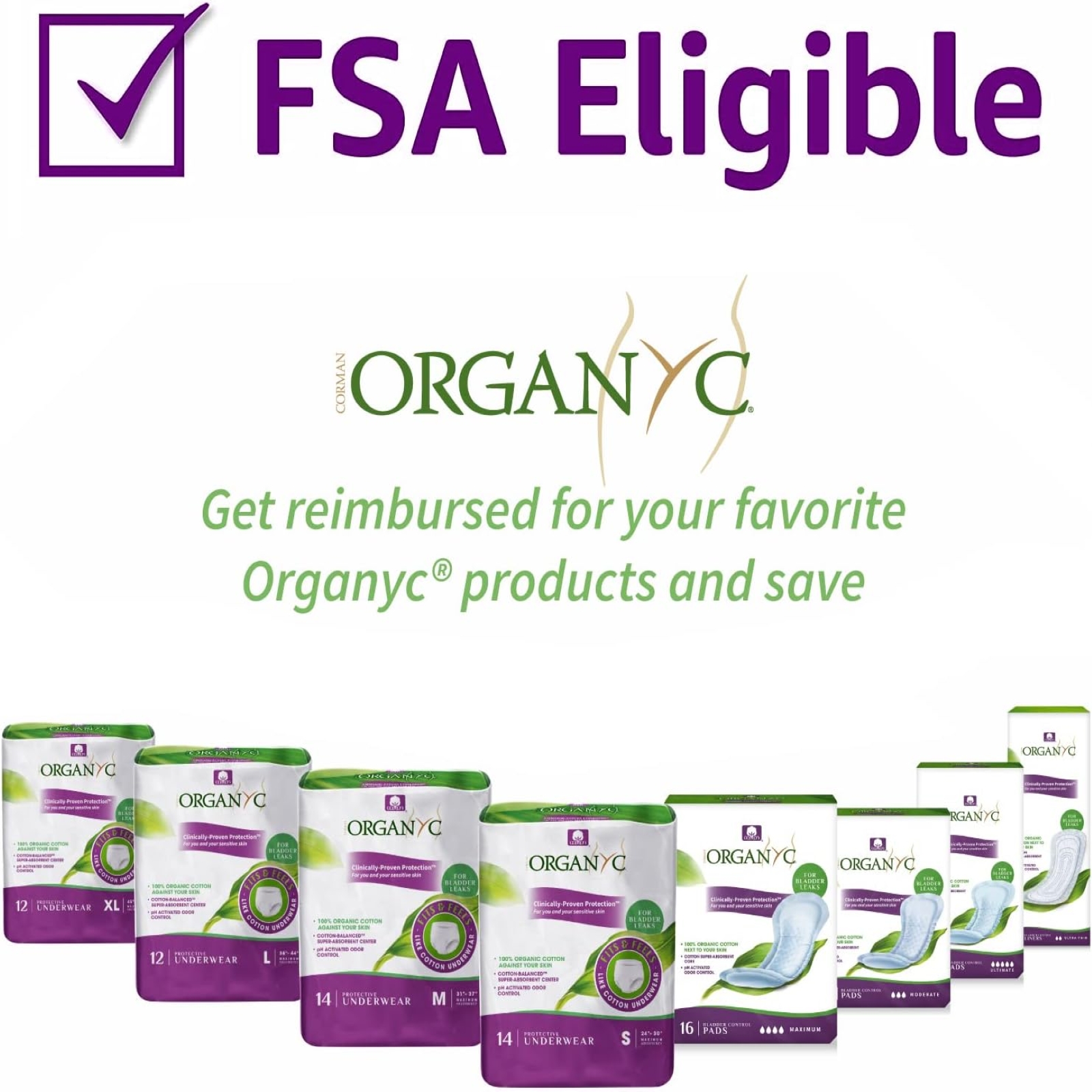 Organyc - 100% Organic Cotton Inside and Out Incontinence Pads for Bladder Leaks - Certified Odor Control, FSA/HSA Eligible, Moderate Flow, Regular Absorbency, 20 Count