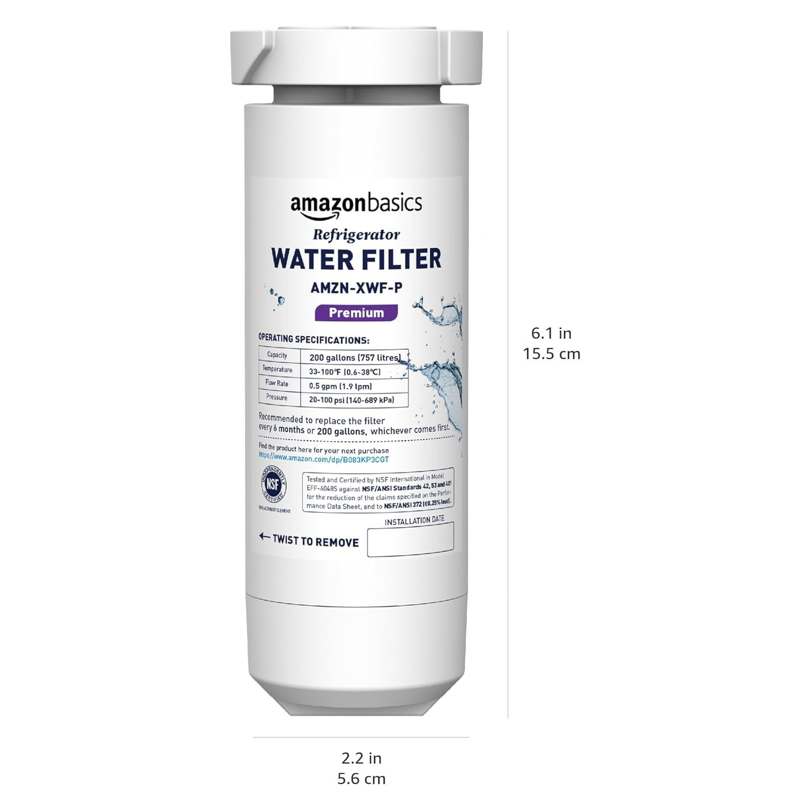 Amazon Basics Replacement GE XWF Refrigerator Water Filter, Premium Filtration