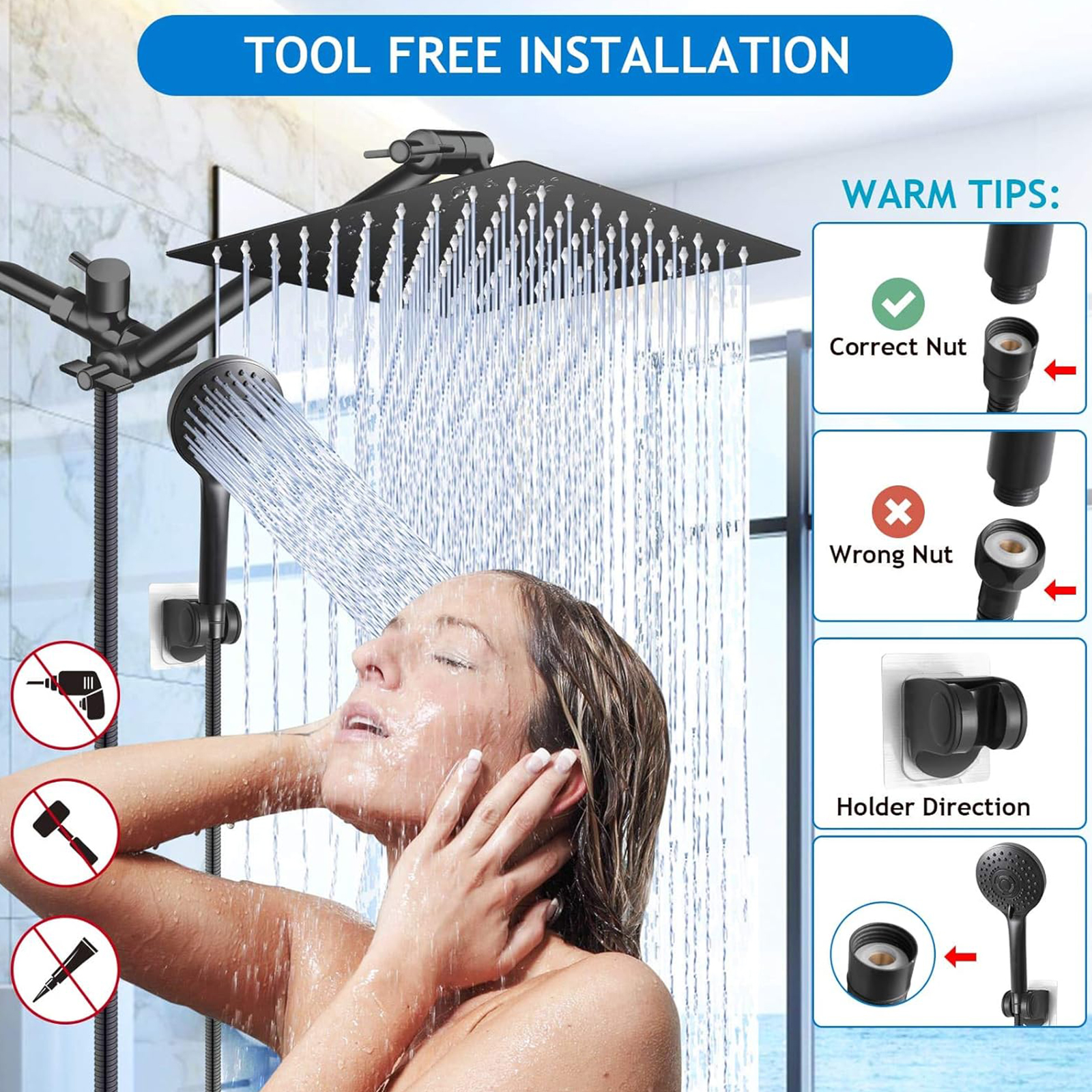 Shower Head Combo,10 Inch High Pressure Rain Shower Head with 11 Inch Adjustable Extension Arm and 5 Settings Handheld Powerful Shower Spray Against Low Pressure Water - Matte Black