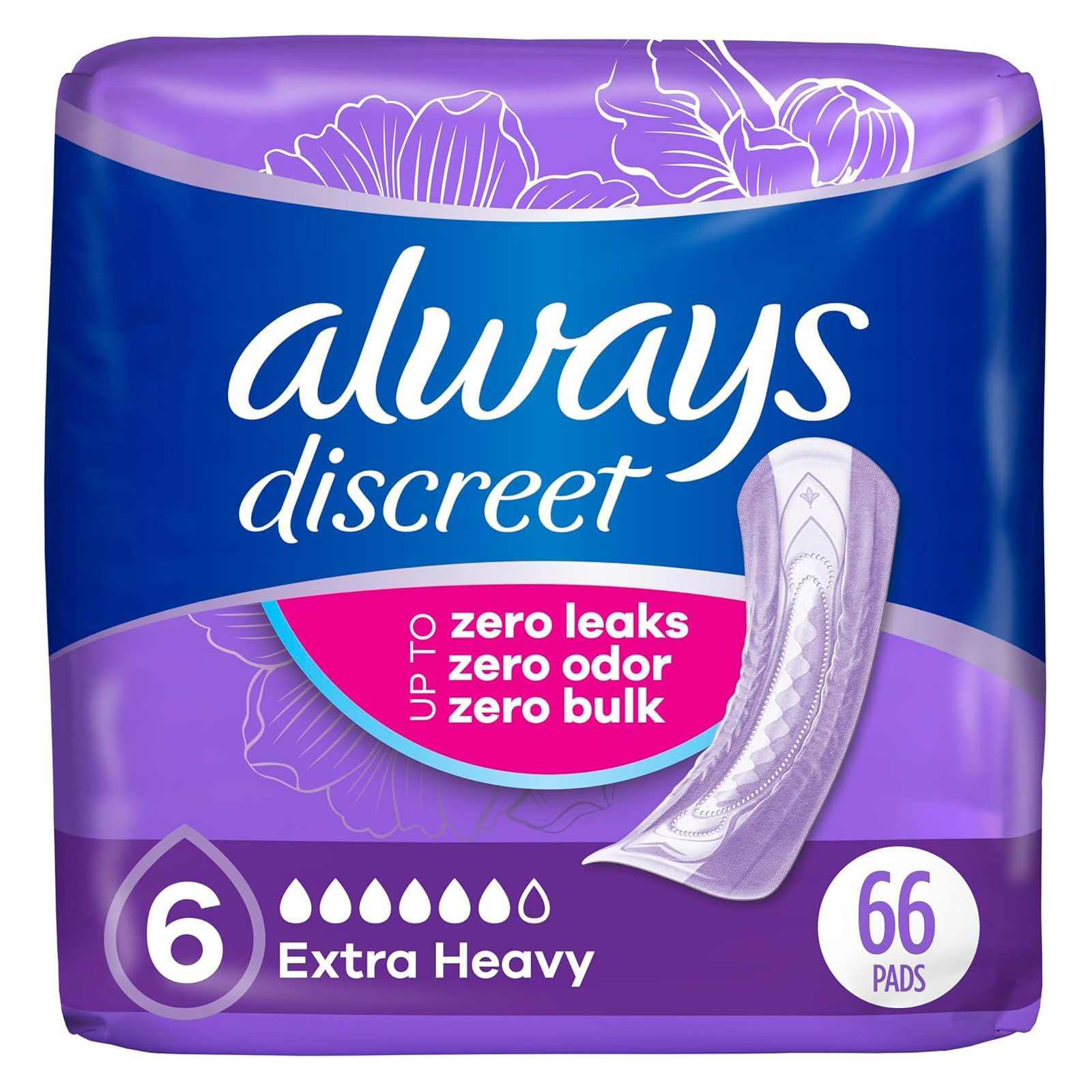Always Discreet Adult Incontinence Pads for Women, Extra Heavy Absorbency, Regular Length, Postpartum Pads, Up to 100% Bladder Leak Protection, 33 Count x 2 Packs (66 Count Total) (Packaging May Vary)