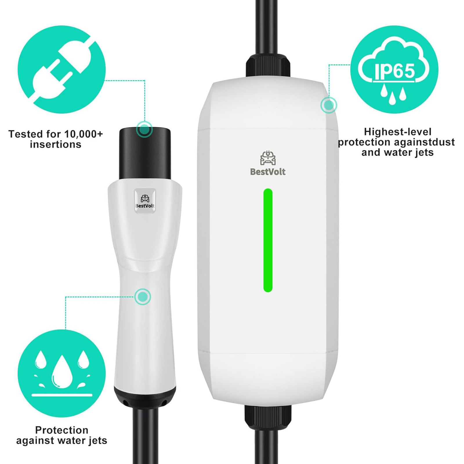 BestVolt ETL Certified Electric Vehicle Charger for Tesla:Level 1 Charger-120V 16A,5-15P Affordable & Convenient 25 ft Extension Cord, Fast, Safe, and Portable Charging Solution, White
