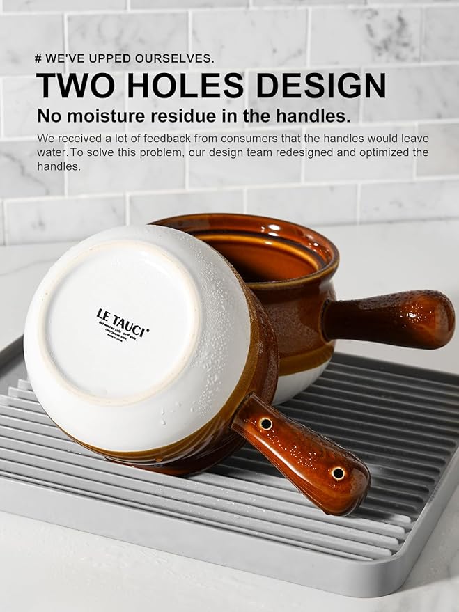LE TAUCI French Onion Soup Bowls, 22 Ounce Ceramic Soup Bowls with Handles, Soup Crocks with Lids for Soup, Cereal, Chilli, Beef Stew, Oven Safe Stackable Serving Bowls Set, Set of 4