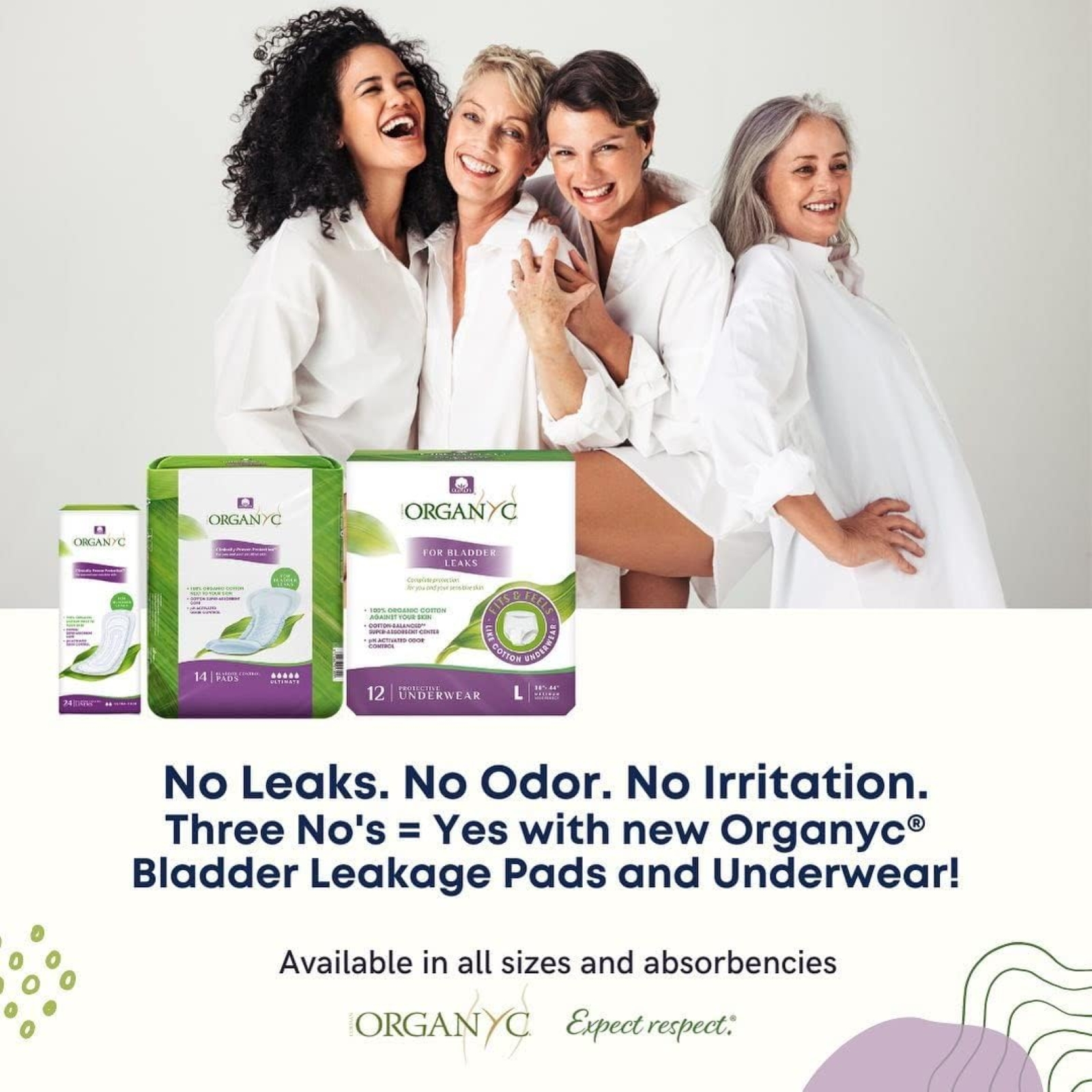 Organyc - 100% Organic Cotton Inside and Out Incontinence Pads for Bladder Leaks - Certified Odor Control, FSA/HSA Eligible, Moderate Flow, Regular Absorbency, 20 Count