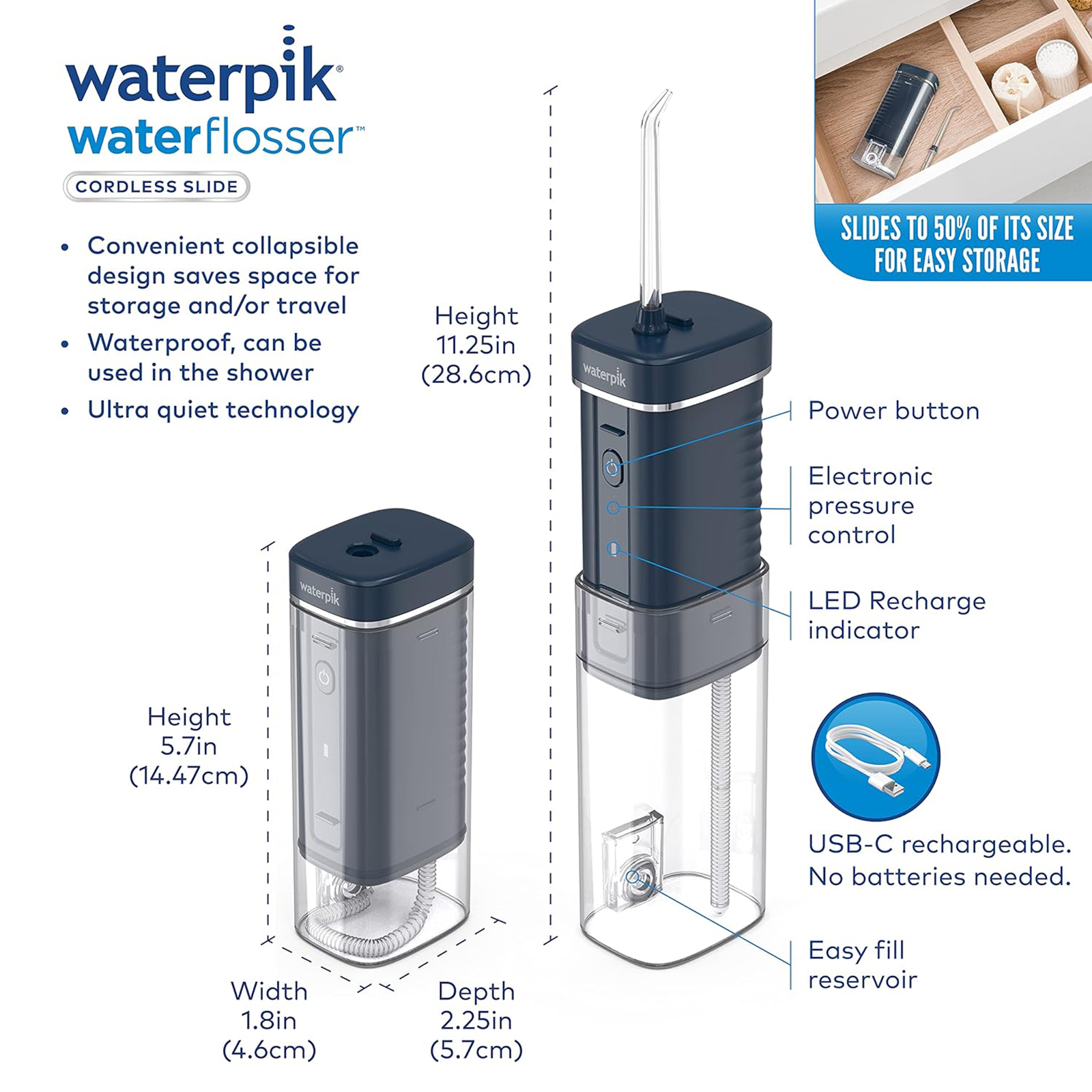 Waterpik Cordless Slide Professional Water Flosser, Portable Collapsible for Travel and Storage, with Travel Bag and 4 Tips, ADA Accepted, Rechargeable and Waterproof, Midnight Blue WF-17CD013-4