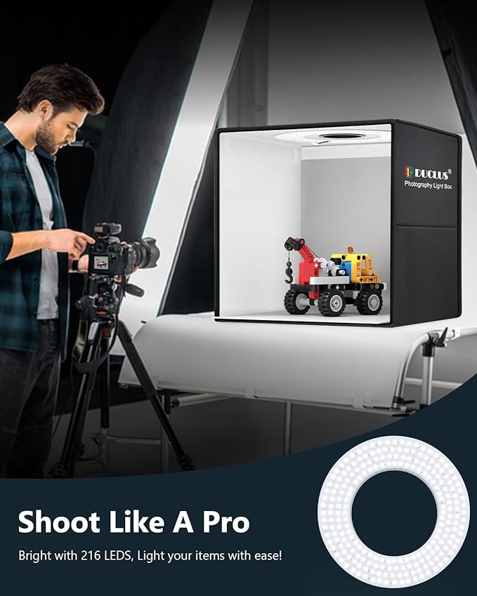 DUCLUS Light Box Photography 20" x 20", Large Portable Photo Studio Light Tent kit, Professional Dimmable Photo Booth with 216 LED Lights & 6 Backdrops for Jewelry and Food Items Product Photography