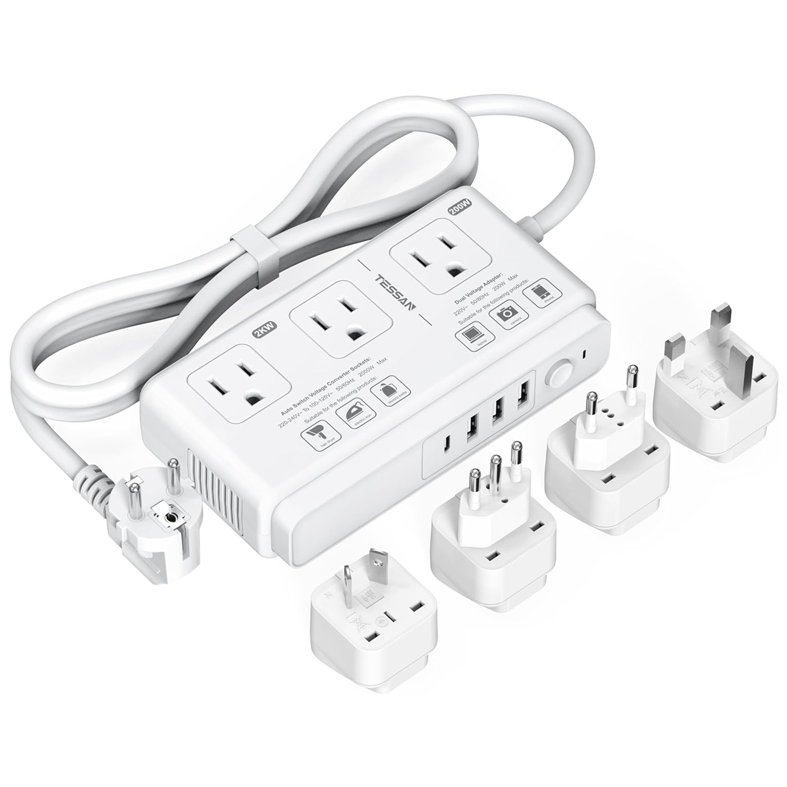 220V to 110V Voltage Converter, TESSAN Universal Travel Adapter with 4 USB Charger (1 USB C), 3 AC Sockets and EU/UK/AU/IT Plug Power Adaptor, Step Down Transformer Outlet Converters for International