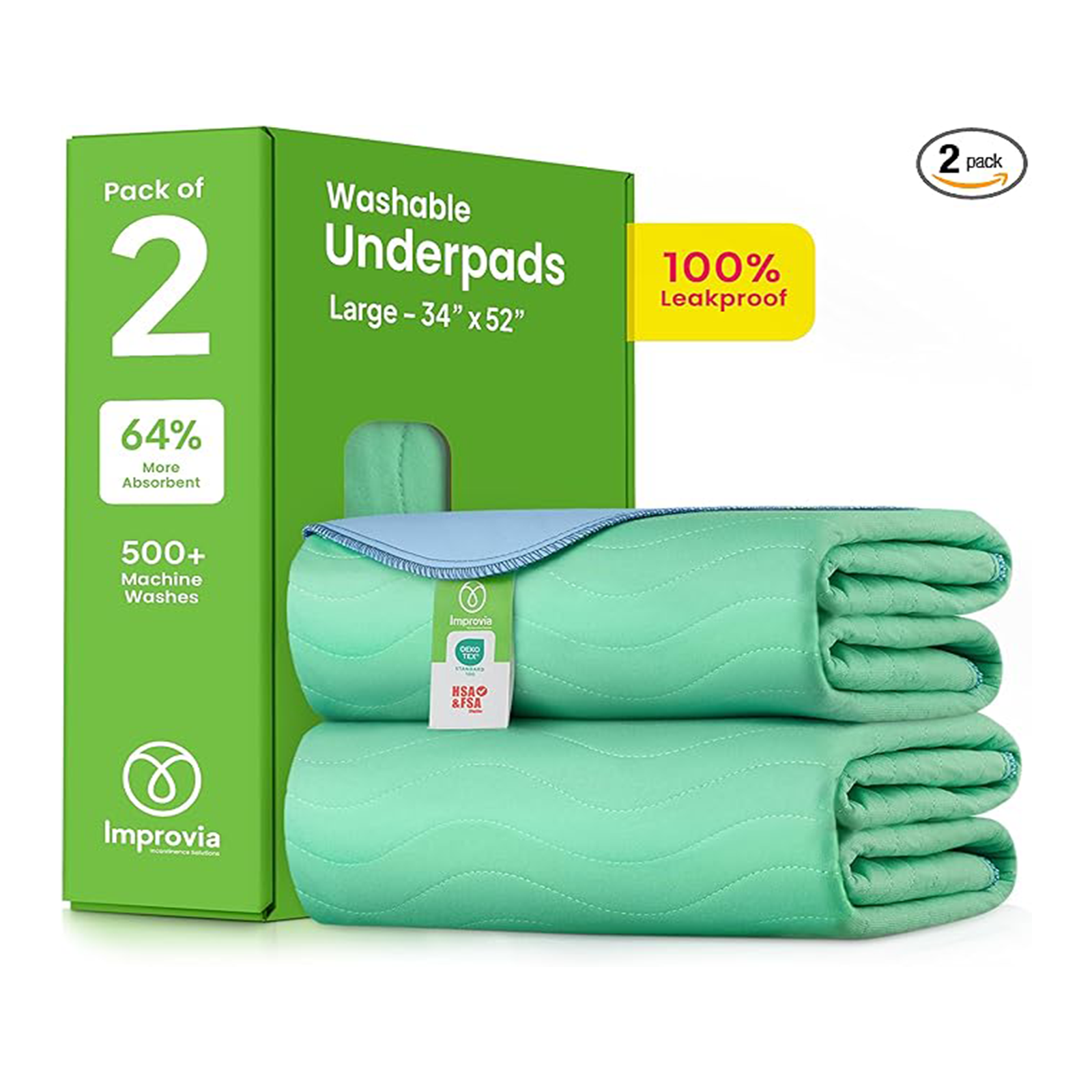 IMPROVIA® Washable Underpads, 34" x 52" (Pack of 2) - Heavy Absorbency Reusable Incontinence Pads for Kids, Adults, Elderly, and Pets - Waterproof Protective Pad for Bed, Couch, Sofa, Furniture, Floor