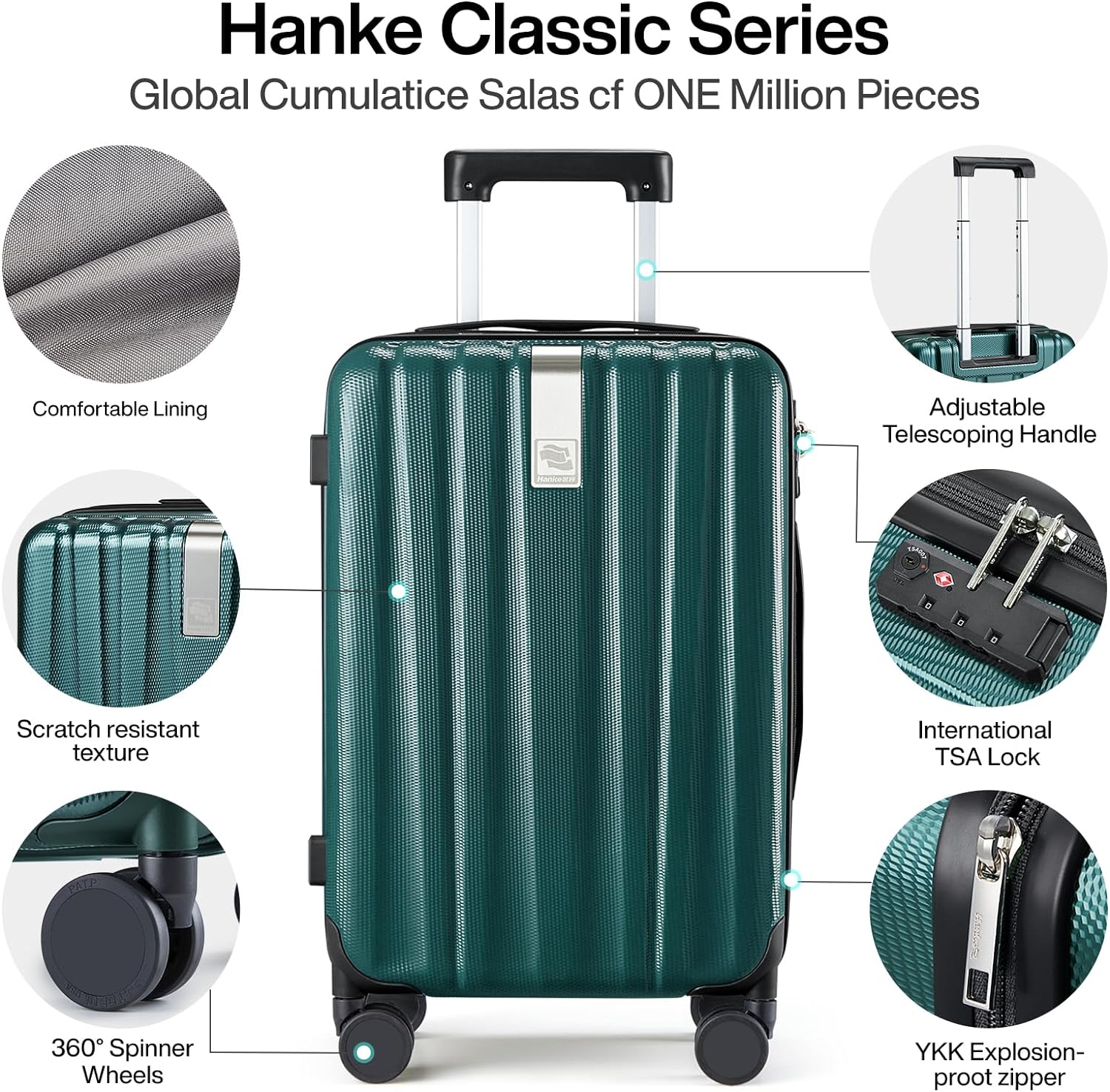 Hanke 24 Inch Checked Luggage - PC Hard Shell Suitcase with Aluminum Frame - Green