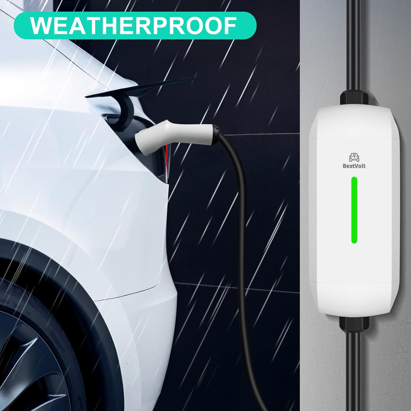 BestVolt ETL Certified Electric Vehicle Charger for Tesla:Level 1 Charger-120V 16A,5-15P Affordable & Convenient 25 ft Extension Cord, Fast, Safe, and Portable Charging Solution, White