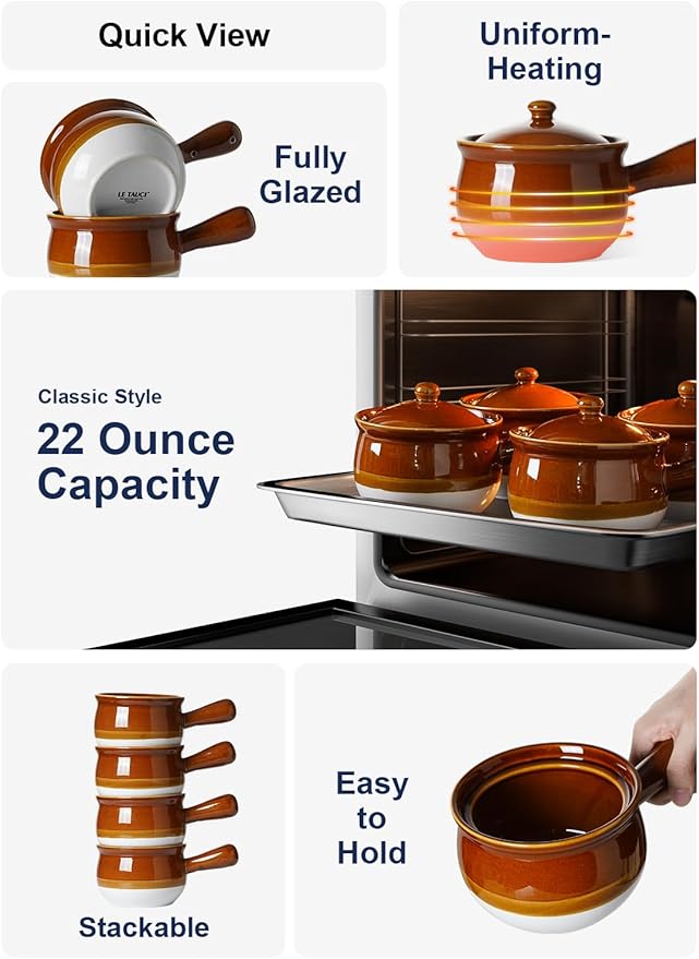 LE TAUCI French Onion Soup Bowls, 22 Ounce Ceramic Soup Bowls with Handles, Soup Crocks with Lids for Soup, Cereal, Chilli, Beef Stew, Oven Safe Stackable Serving Bowls Set, Set of 4