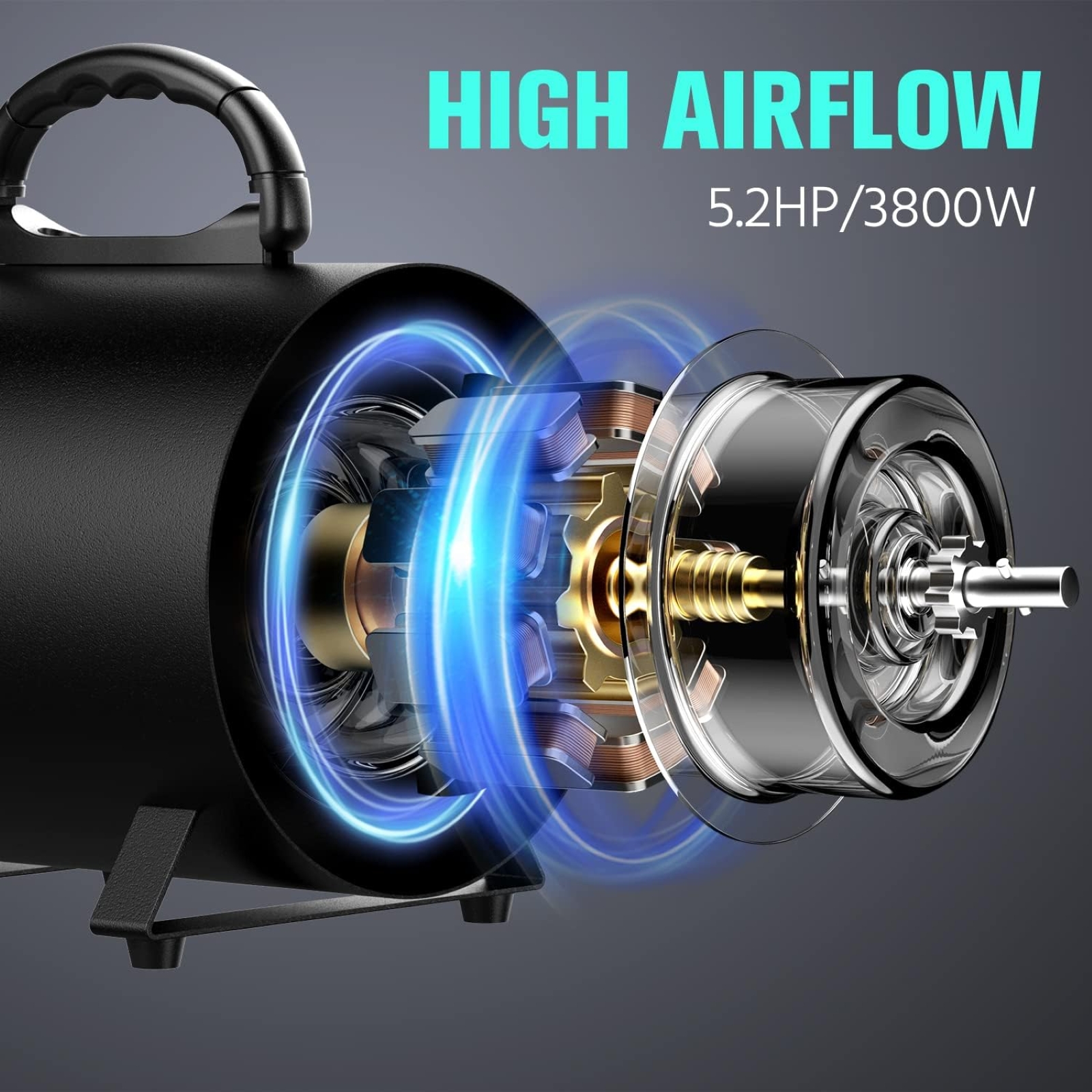 Pet Dryer, 5.2HP/3800W Pet Grooming with Adjustable Speed and Temperature Control Dog Blow Dryer, Pet Hair Dryer with 3 Nozzle