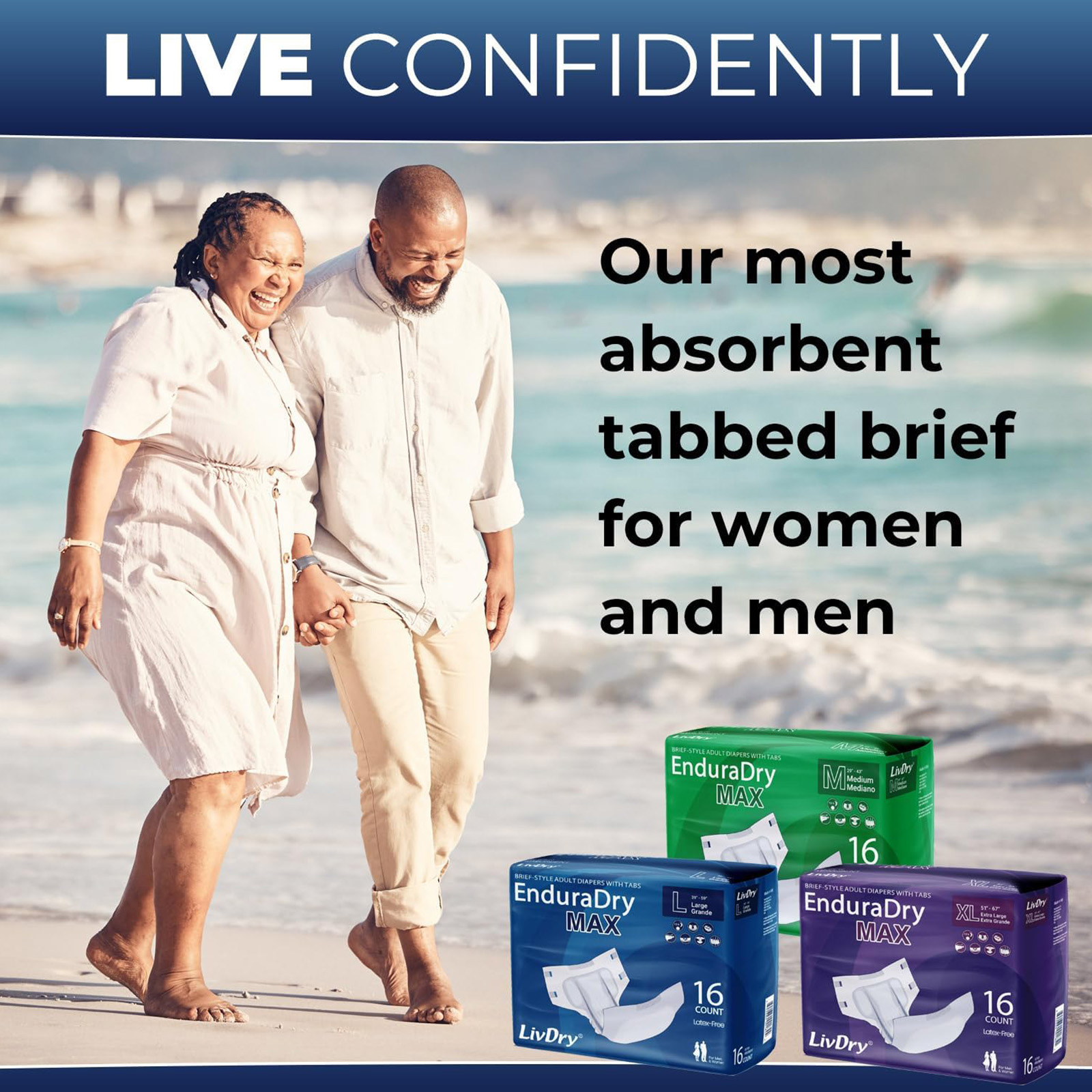 LivDry EnduraDry Max Adult Tabs Diapers - 12-Hour Absorb Leak (Large,16-Pack)