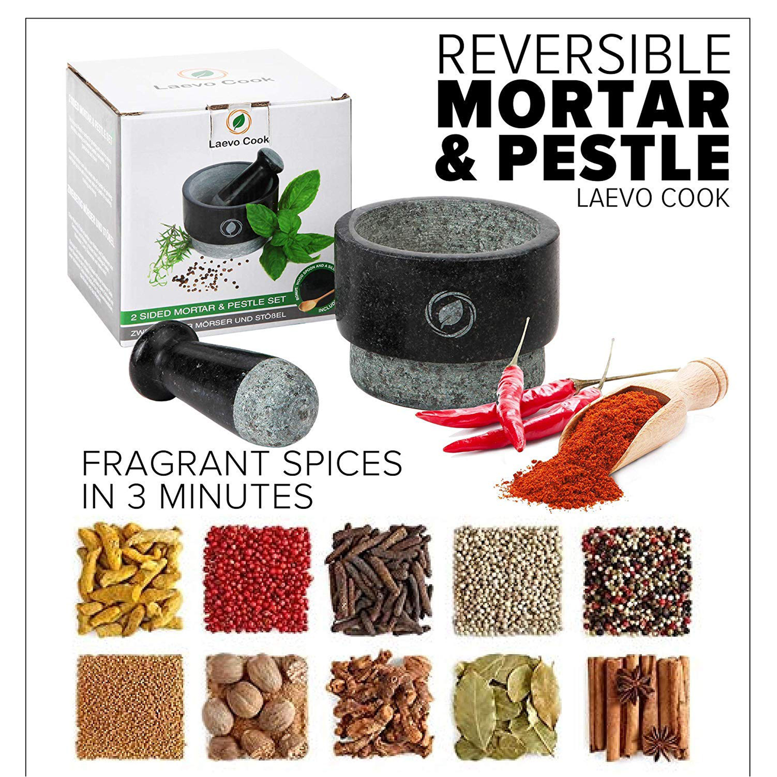 Mortar and Pestle Large Set - Laevo Black Granite Stone Spice Grinder, 2.1 Cup Capacity, 5.5 Inches - Reversible Molcajete Mexicano - Guacamole, Spices - Large Mortar and Pestles Set