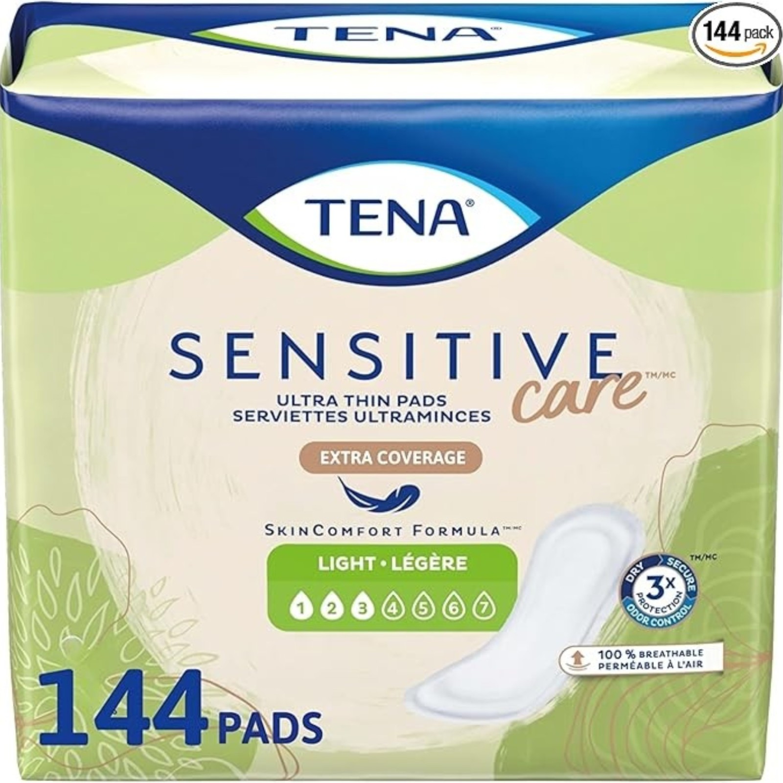 Tena Sensitive Care Ultra Thin Long Adult Incontinence Pads Extra Coverage Postpartum for Women, Light Absorbency, 144 Count
