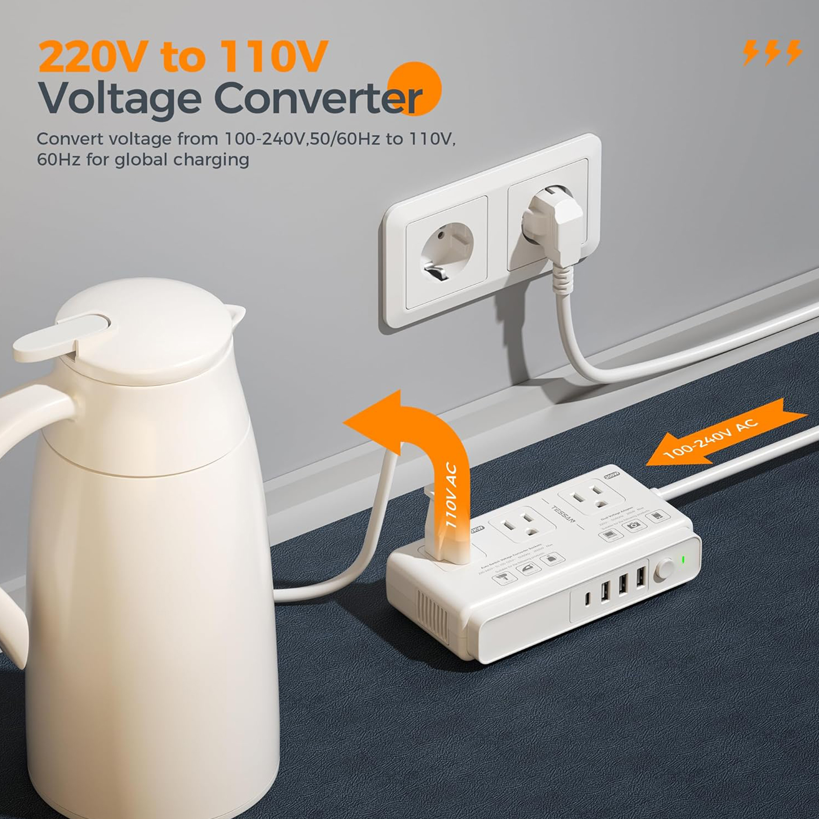 220V to 110V Voltage Converter, TESSAN Universal Travel Adapter with 4 USB Charger (1 USB C), 3 AC Sockets and EU/UK/AU/IT Plug Power Adaptor, Step Down Transformer Outlet Converters for International