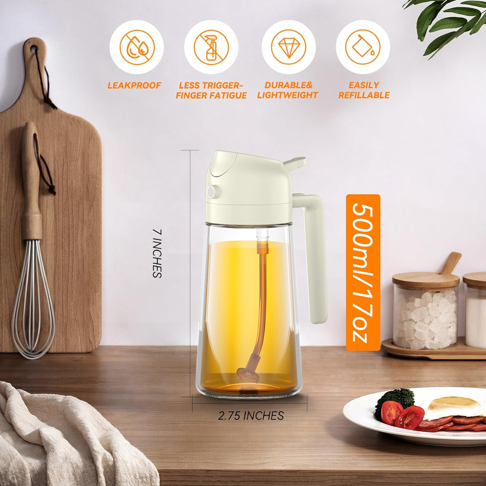 PUZMUG Oil Dispenser for Kitchen, 2 in 1 Olive Oil Dispenser Bottle 17oz(White)