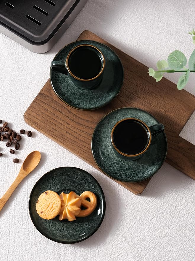 famiware Ocean Espresso Cups with Saucers Set of 4, 3.34oz Espresso Cup Set, Coffee Mug Set for Latte, Macchiato, Stoneware Demitasse Cups Set for Cafe, Microwave&Dishwasher Safe, Deep Forest