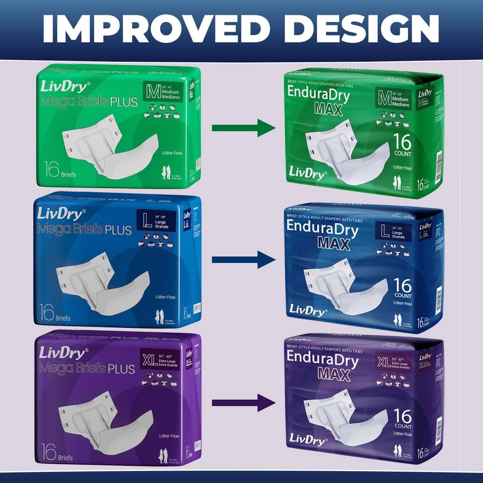 LivDry EnduraDry Max Adult Tabs Diapers - 12-Hour Absorb Leak (Large,16-Pack)