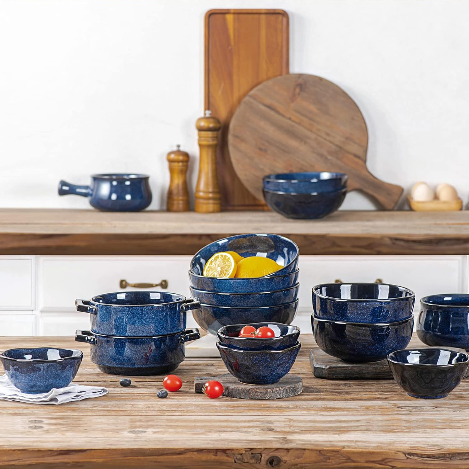 Vicrays Ceramic Cereal Bowls - 26 Ounce Porcelain Soup Set - Set of 6 (Blue)