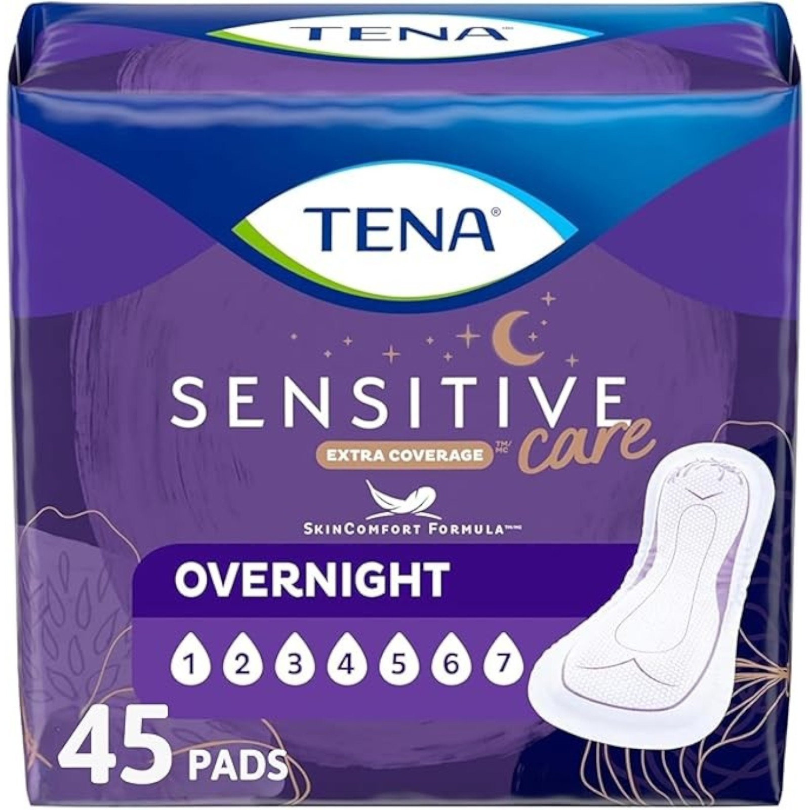 Tena Sensitive Care Extra Coverage Overnight Incontinence Pads, 45 Count