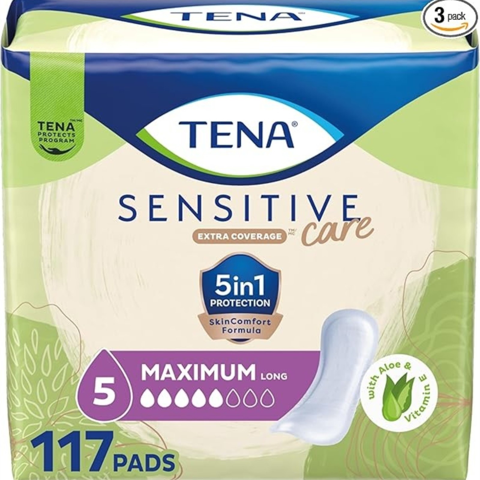 TENA Sensitive Care Incontinence Pads for Women, Bladder Control & Postpartum, Maximum Absorbency, Long - 117 Count