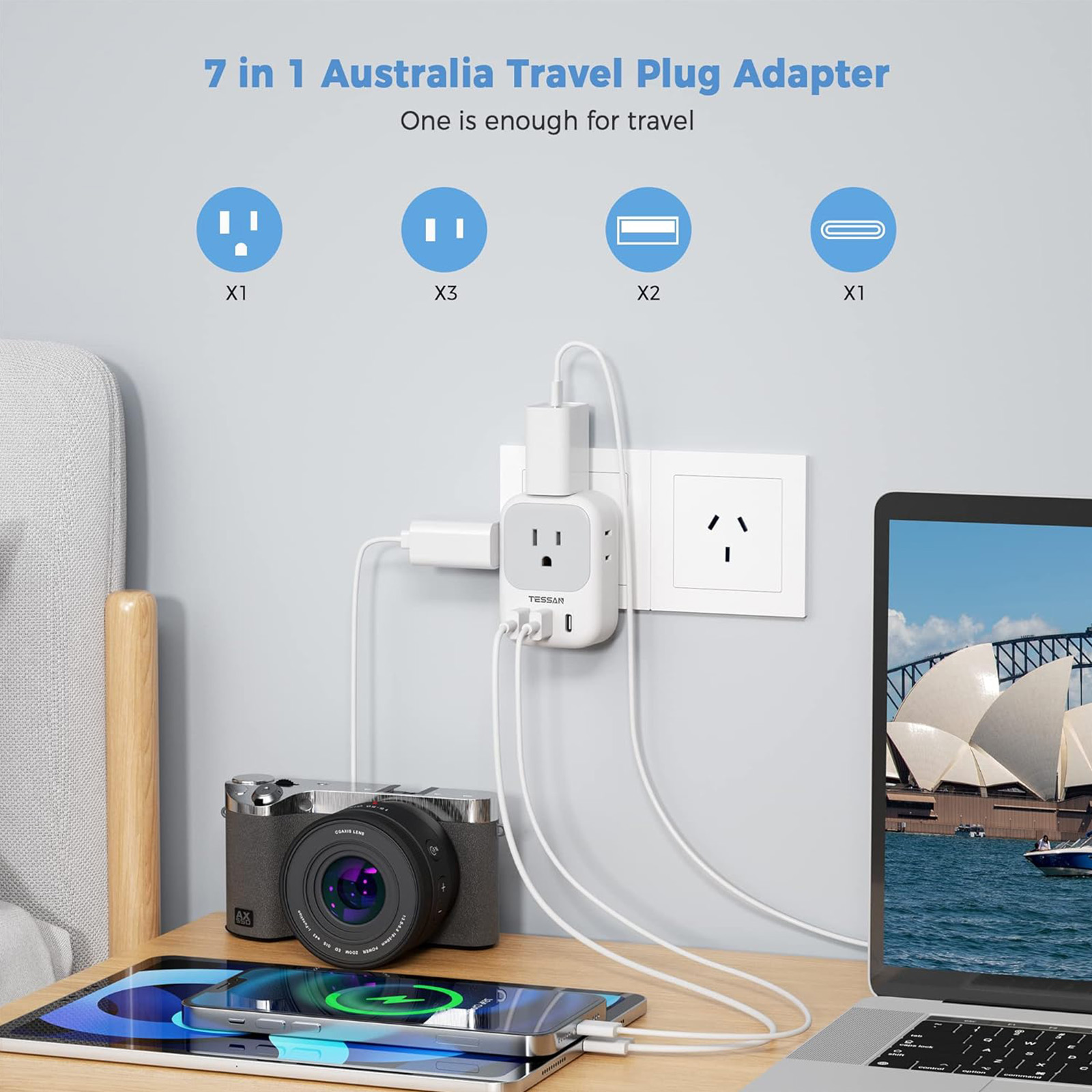 TESSAN Australian Power Adaptor with 4 Outlets 3 USB Ports (1 USB C), 2 Pack