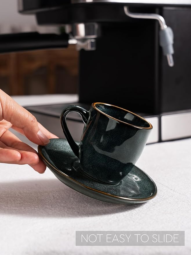famiware Ocean Espresso Cups with Saucers Set of 4, 3.34oz Espresso Cup Set, Coffee Mug Set for Latte, Macchiato, Stoneware Demitasse Cups Set for Cafe, Microwave&Dishwasher Safe, Deep Forest