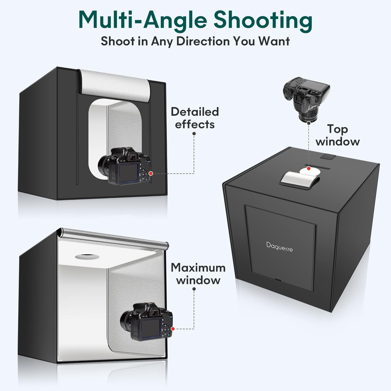 Professional Daguerre 32"x32" Light Box for Product Photography, Large Photo Studio with 3 Stepless Dimming Lights Panels, 210 LED Beads, and 6 Color Backdrops, Perfect Photo Booth Shooting Tent Kit
