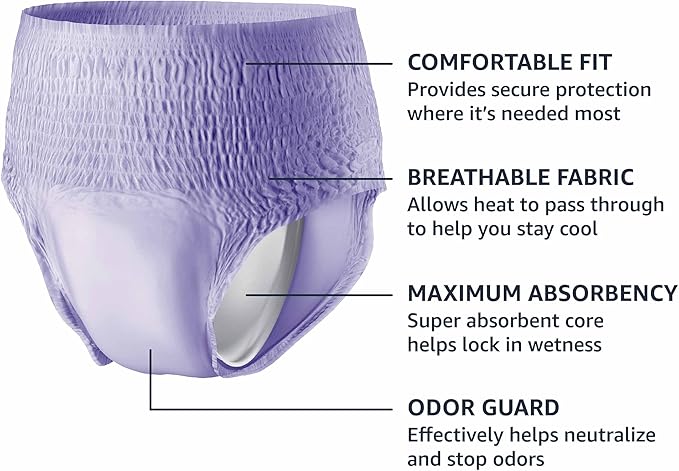 Amazon Basics Incontinence Underwear for Women, Protective, Disposable, Postpartum, Maximum Absorbency, Large, Lavender, 18 Count