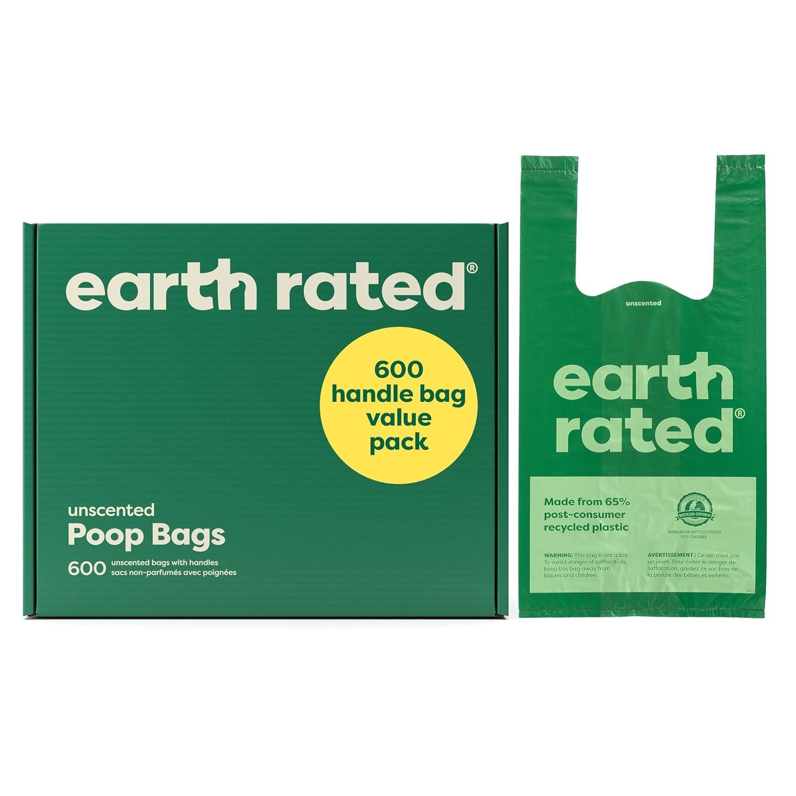 Earth Rated Dog Poop Bags with Handles Value Pack, Easy Tie and Guaranteed Leakproof, Unscented, 600 Handle Bags