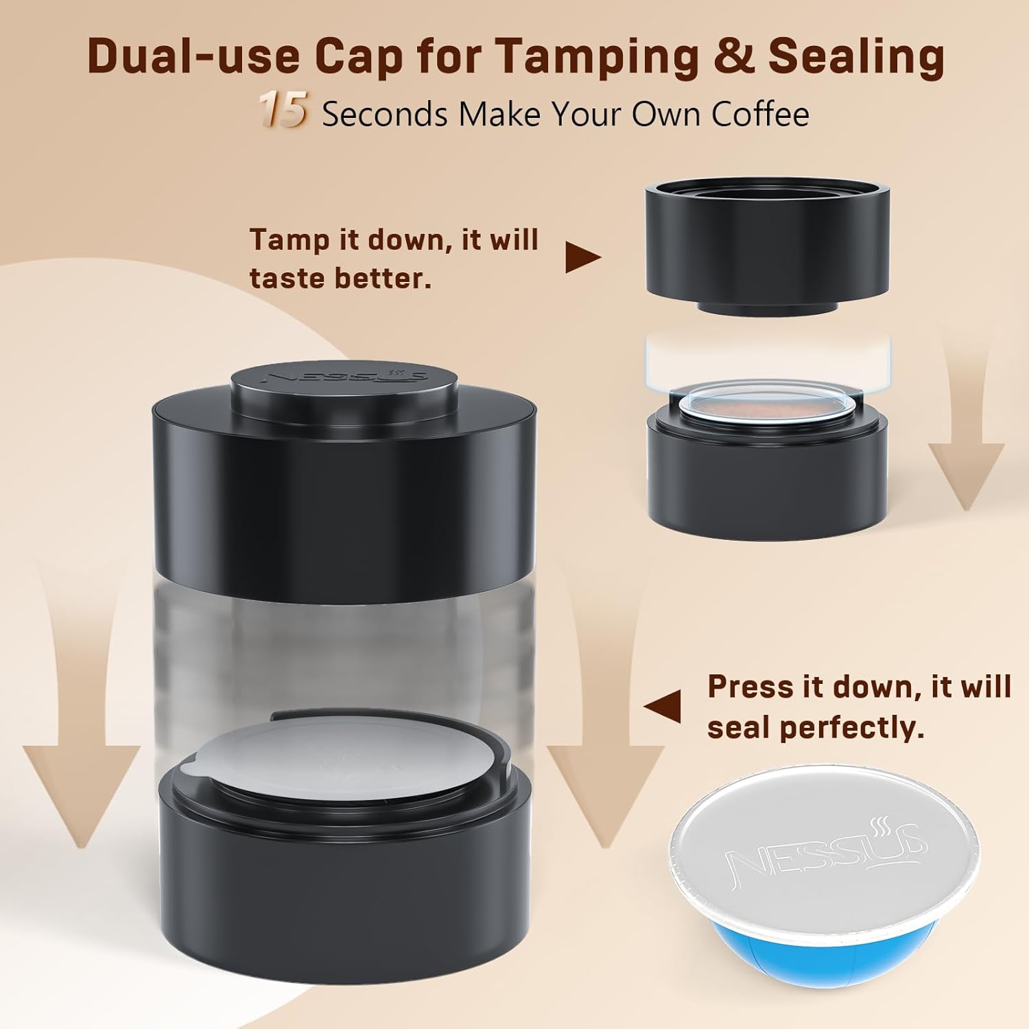 Nessus Reusable Vertuo Capsule Kit, [ALSeal EZ FIT] for Reusable Nespresso Pods with 100 Pcs Aluminum Foil Seal Lids, Holder, Brush, for Refilling Nespresso Vertuo Pods Reusable Vertuoline Pod